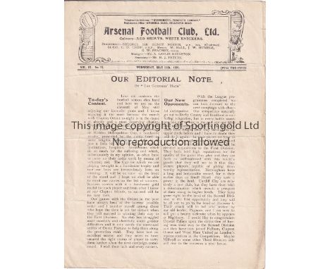 ARSENAL V CLAPTON ORIENT 1921     Programme for the Metropolitan Hospital Cup match at Arsenal 11/5/1921, horizontal folds.  