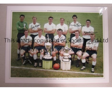 TOTTENHAM HOTSPUR   Colour 16” x 12” photo showing players posing with the FA Cup and the First Division trophy during a phot