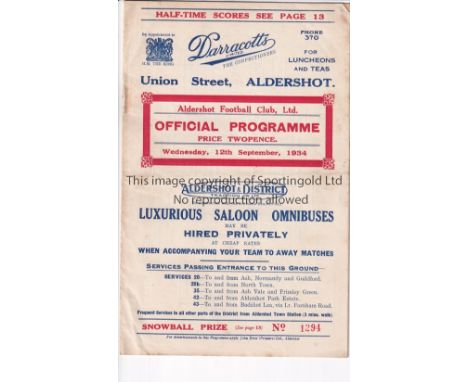 ALDERSHOT     Home programme v Charlton Athletic Division 3 Southern Section Cup 12/9/1934. Light staple rust. Score inserted