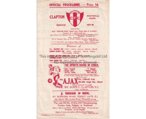 CLAPTON     Four page Home programme v Leytonstone Isthmian League 23/10/1937. Score, scorers and team changes. Light paper a