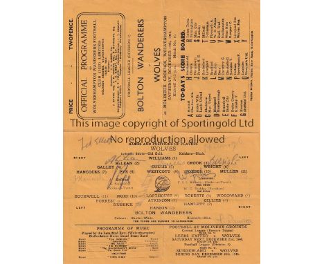 WOLVES    Programme Wolverhampton Wanderers v Bolton Wanderers 14/12/1946 signed by 12 Wolves players to include Wright , Cul