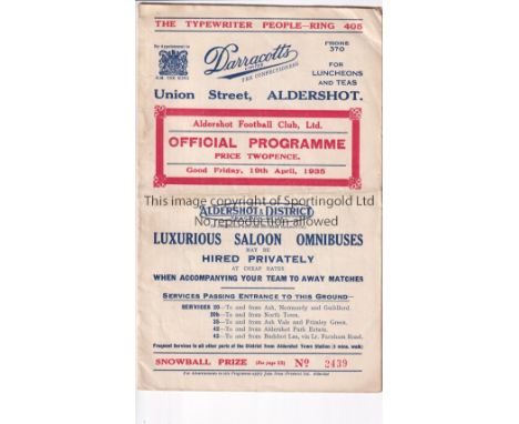 ALDERSHOT     Home programme v Charlton Athletic 19/4/1935. Light staple rust. Horizontal fold. No writing. Generally good   