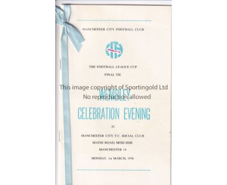 MANCHESTER CITY    Menu or the 1976 League Cup Final Celebration Evening at the Manchester City FC Social Club 1/3/1976.   Go