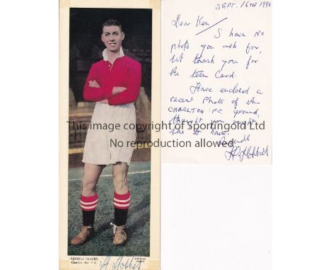 HAROLD HOBBS / CHARLTON ATHLETIC / AUTOGRAPHS     A signed large Topical Times colour panel and a handwritten signed letter 1