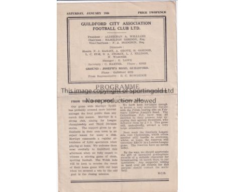 GUILDFORD     Four page home programme v Merthyr Tydfil Southern League 18/1/1947. Light horizontal fold. Generally good     