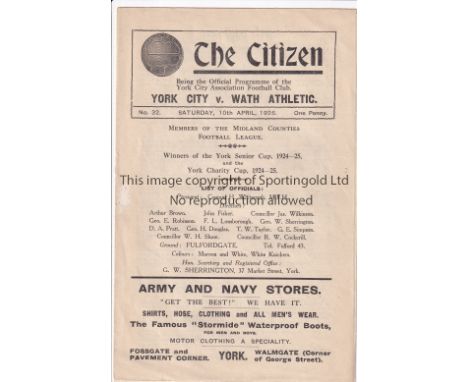 YORK CITY  Pre-League home programme v Wath Athletic Midland League 10/4/1926. Lacks staples. Some light paper wear at spine.