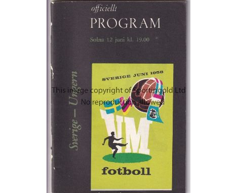 WORLD CUP 1958   Programme Sweden v Hungary 12th June in Stockholm. Some slight scuffing at spine. Fair to generally good   