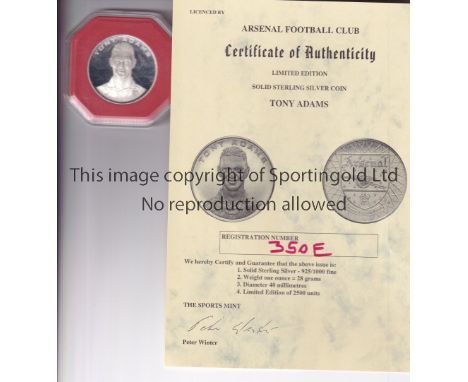 TONY ADAMS / ARSENAL     A commemorative medal in plastic casing and Certificate of Authenticity licensed by Arsenal FC with 