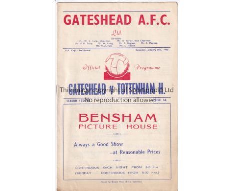 TOTTENHAM     Programme Gateshead v Tottenham FA Cup 3rd round 8/1/1955.    Generally good