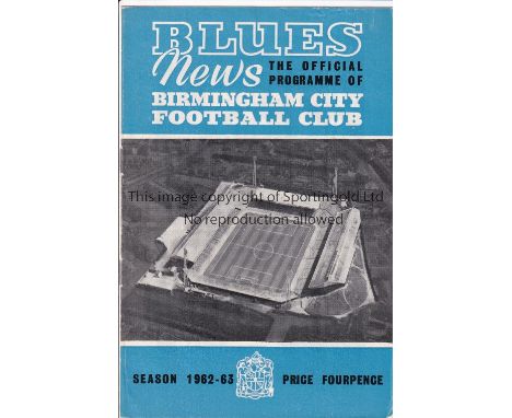 LEAGUE CUP FINAL 1963    Programme Birmingham City v Aston Villa League Cup Final 1st Leg 23/5/1963. Generally good     