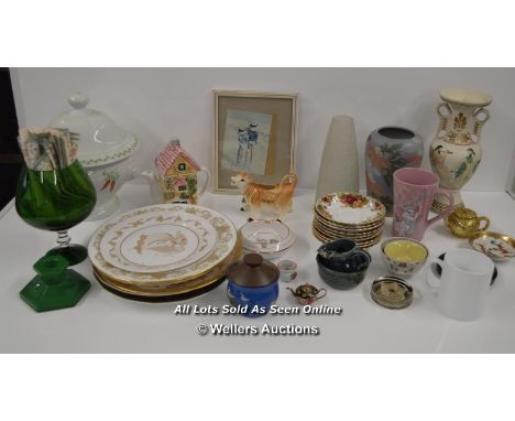 BOX OF ASSORTED CHINA &amp; GLASS INCLUDING NINE SAUCERS OF ROYAL ALBERT 'COUNTRY ROSE' AND E.VAN GOETHEM PRINT