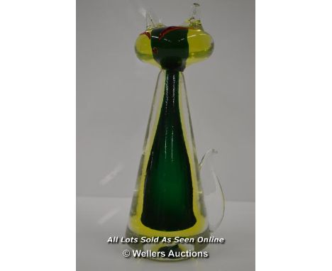 *LARGE VINTAGE MCM MURANO SOMMERSO GLASS CAT - URANIUM GLOW 25CM / MINOR DAMAGE TO THE TOP OF THE HEAD,  [LQD197]