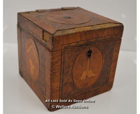 *ANTIQUE GEORGIAN SQUARE INLAID/MARQUETRY WOODEN SINGLE TEA CADDY FOR RESTORATION [LQD197]