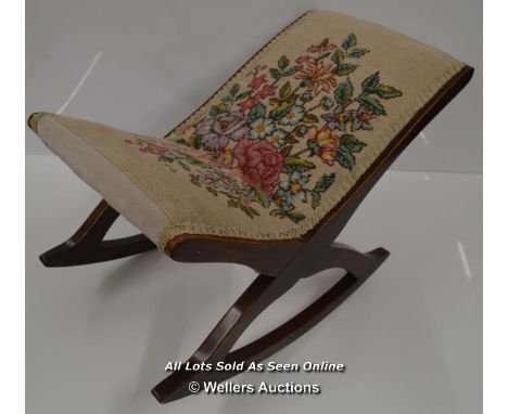 *MAHOGANY ROCKING GOUT STOOL' TAPESTRY AND VELVET FOOTSTOOL, FOOT REST / 38CM HIGH  [LQD197]