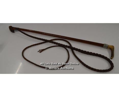 *VICTORIAN HUNTING WHIP WITH ANTLER HANDLE AND SILVER KNOT COLLAR / TOTAL LENTH 9FT  [LQD197]