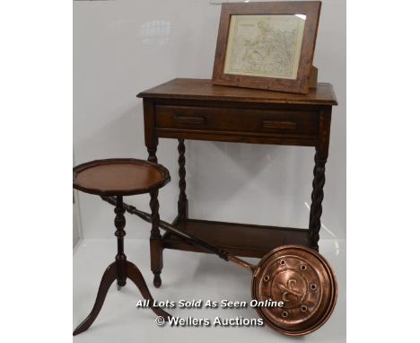 *VINTAGE OAK HALL TABLE, REGENCY STYLE MAHOGANY LEATHER TOP OCTAGONAL WINE TABLE, &amp; ANTIQUE ENGRAVING MAP OF YORKSHIRE, P