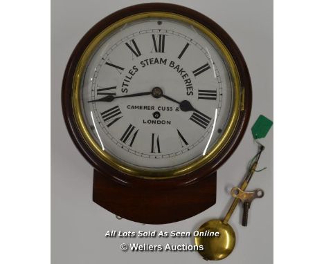 *CAMERER CUSS LONDON MAHOGANY FUSEE WALL CLOCK (STILES STEAM BAKERIES) - SINGLE FUSEE MOVEMENT BY W &amp; H SCH WHICH IS THE 