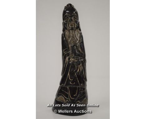 *CHINESE CARVED HORN STATUE OF AN ELDER - BLACK - 15.5CM HIGH - CARVING [LQD197]