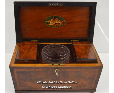*REGENCY TEA CADDY WITH CROSSBANDING, MIXING BOWL AND KEY, CIRCA 1820 / 30 X 6 X 16CM, MINOR DAMAGE TO THE BASE OF THE BOWL  