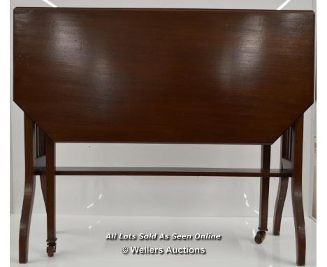 *19TH CENTURY SUTHERLAND DROP LEAF SUTHERLAND TABLE RAISED ON GATE-LEG SUPPORTS WITH CASTORS / OPEN; 89 X 83 X 70CM  [LQD197]