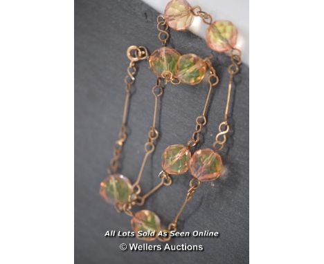 *1920S ART DECO BI COLOUR CZECH VASELINE URANIUM UV GLASS BEAD NECKLACE [LQD197]