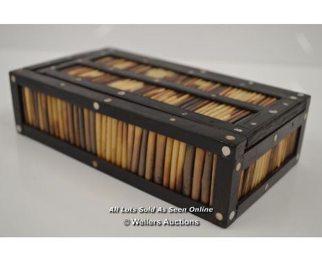 *VINTAGE PORCUPINE QUILL INDIAN WOODEN INLAID TRINKET BOX / 18CM WIDE  [LQD197]