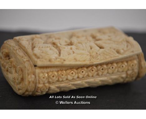*19C FRENCH NAPOLEONIC PRISONER OF WAR DEEP CARVED MUTTON BOVINE CARVED SNUFF BOX / 8.5 X 4.5 X 3CM  [LQD197]