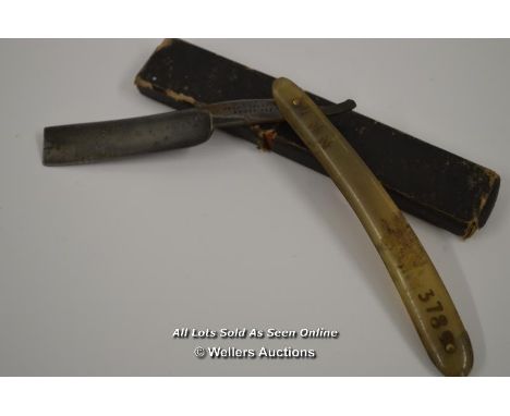 *VINTAGE CUT THROAT STRAIGHT RAZOR ARMY ISSUE HORN HANDLED JOHN C COCKHILL [LQD197]