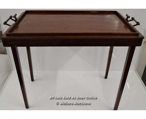 *EDWARDIAN BAILEYS PATENT TABLE-TRAY DUMB WAITER, THE "OSTERLEY" TABLE TRAY', RECTANGULAR WITH RAISED GALLERY, BRASS HANDLES 