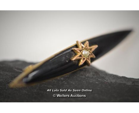 *ANTIQUE VICTORIAN MARQUISE BLACK ENAMEL SEED PEARL GOLD TONE  / 4.5CM  [LQD197]
