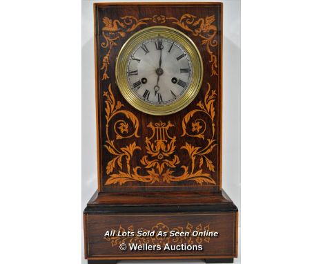*LARGE 19C FRENCH INLAID ROSEWOOD CLOCK C.1880 WORKING ORDER / 21.5 X 36.5 X 14CM, HANDS LOOSE  [LQD197]