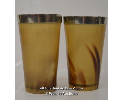 *2 X VINTAGE LARGE ANTIQUE HORNED HORN BEAKER CUPS WITH SILVER (PLATED) RIM [LQD197]
