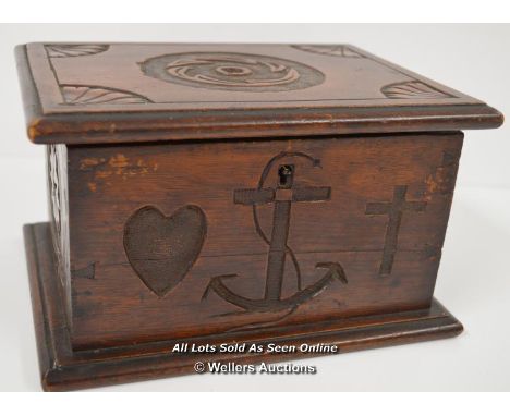 *FOLK ART WOODEN BOX WITH HAND DOVETAILING AND PEG JOINTS. HAND CARVING TO FOUR SIDES WITH THE "FAITH HOPE AND LOVE" ADDED LA