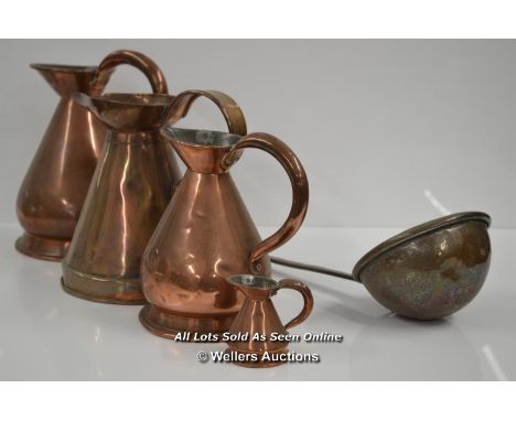 VINTAGE BRASS WEAR INCLUDING FOUR JUGS AND A LARGE LADLE 