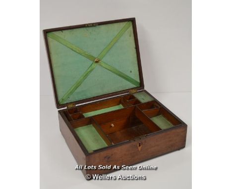 *VICTORIAN MAHOGANY WOOD BOX SILK LINED TRAY SEWING WITH DRAWERS / 26X21X9CM [LQD197]