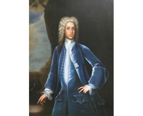 A Modern Reproduction in the Style of Peter Lely, depicting a portrait of a gentleman, half length, wearing pale blue attire 