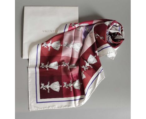 A Valentino Silk Scarf, in shades of pink, red and purple, printed with a repeat pattern of a lady with birds perched on her 