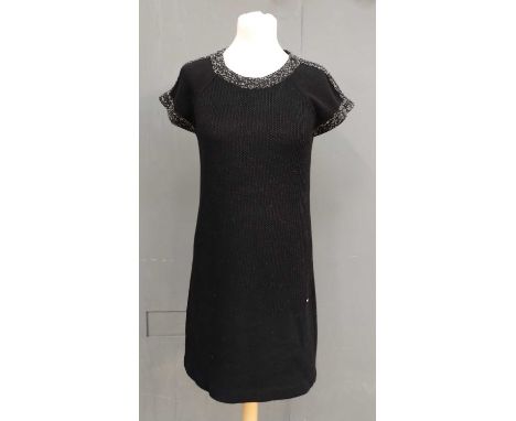 Chanel Black Cotton Knitted Dress with Short Sleeves, round neck trimmed in black and white woven fabric matching the cuffs a