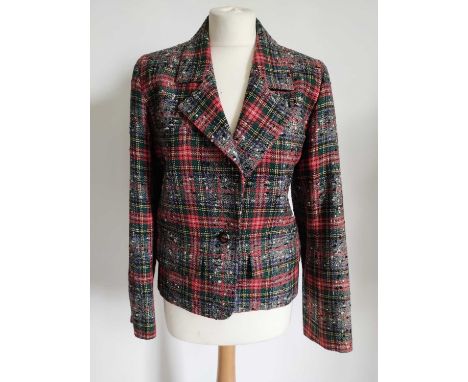 Circa 1980s Saint Laurent Rive Gauche Tartan Cropped Jacket, with collar, long sleeves, single button fastening, two breast p