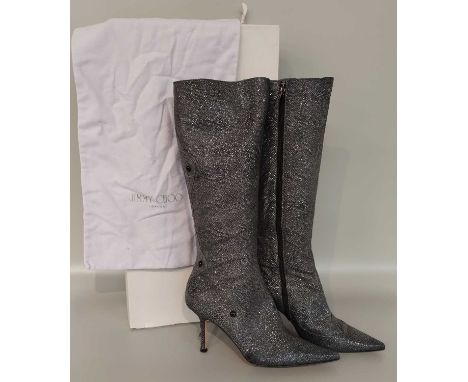 Pair of Jimmy Choo Pewter Snake Sparkle Knee High Boots, with inside zip, scalloped applique to the back of the leg with butt
