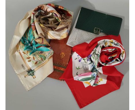 Gucci Silk Scarf Designed by V Accornero printed with decorative flowers on a white ground within a red border, 88cm square i