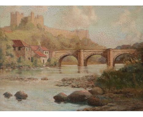 English School (19th Century)Richmond Castle from the River SwaleIndistinctly signed, oil on canvas board, 37cm by 49.5cm; to