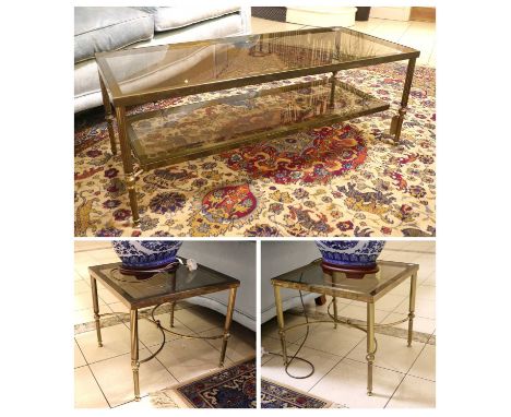 A Pair of Glass Topped Brass Lamp Tables, 46cm by 42cm, including a matching coffee table, 106cm by 46cm by 40cmTanishing to 