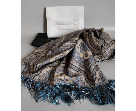 Saint Laurent Rive Gauche Blue and Silver Silk Stole/Scarf in a paisley style design with silk fringing, 85cm by 236cmYves Sa