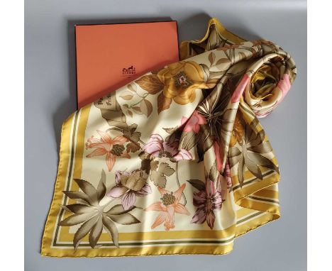 Hermès "Fleurs d'Hellade" Silk Scarf, by Niki Goulandris, printed with a design of flowers including aquilegia, clematis and 