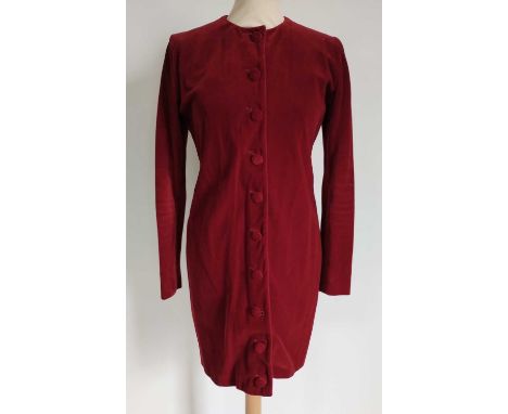 Jean Paul Gaultier Red Velvet Coat labelled 'Femme' with round neck, long sleeves and multi button fastening, studded fleur d