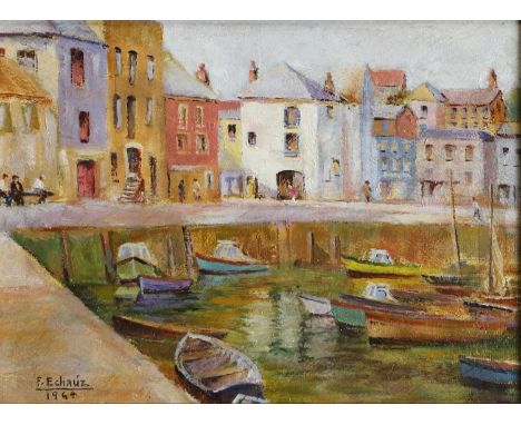 F Echauz (20th Century)Harbour scene with moored boats and figures sitting on a benchSigned and dated 1964, oil on board, 14c