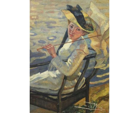 J* Milne (20th Century) An elegant lady with a parasol, sitting on a bench Signed, oil on canvas board, together with a furth