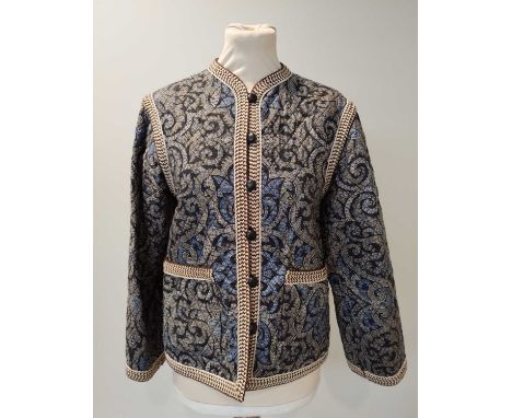 Saint Laurent Rive Gauche Cotton Quilted Jacket in a blue paisley pattern with cream and brown woven trims to the edges, cott