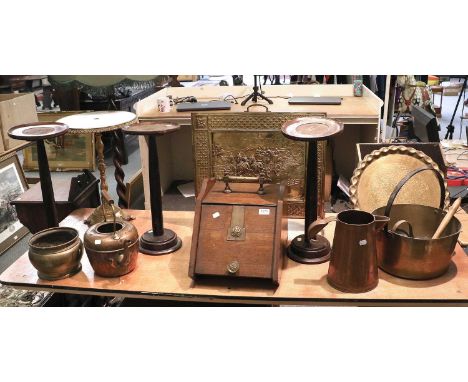 An Assortment of Items Including, various brass and copper candle stands, coal purdonium, chair, bedside cupboard, brass log 